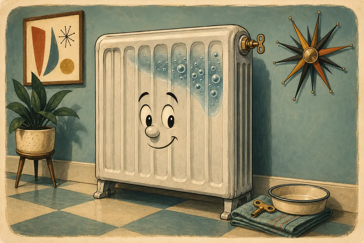 A cartoon radiator stands in a cool room. Small bubbles appear at its top. A bleed key, a folded cloth, and a shallow container are on the floor beside it.