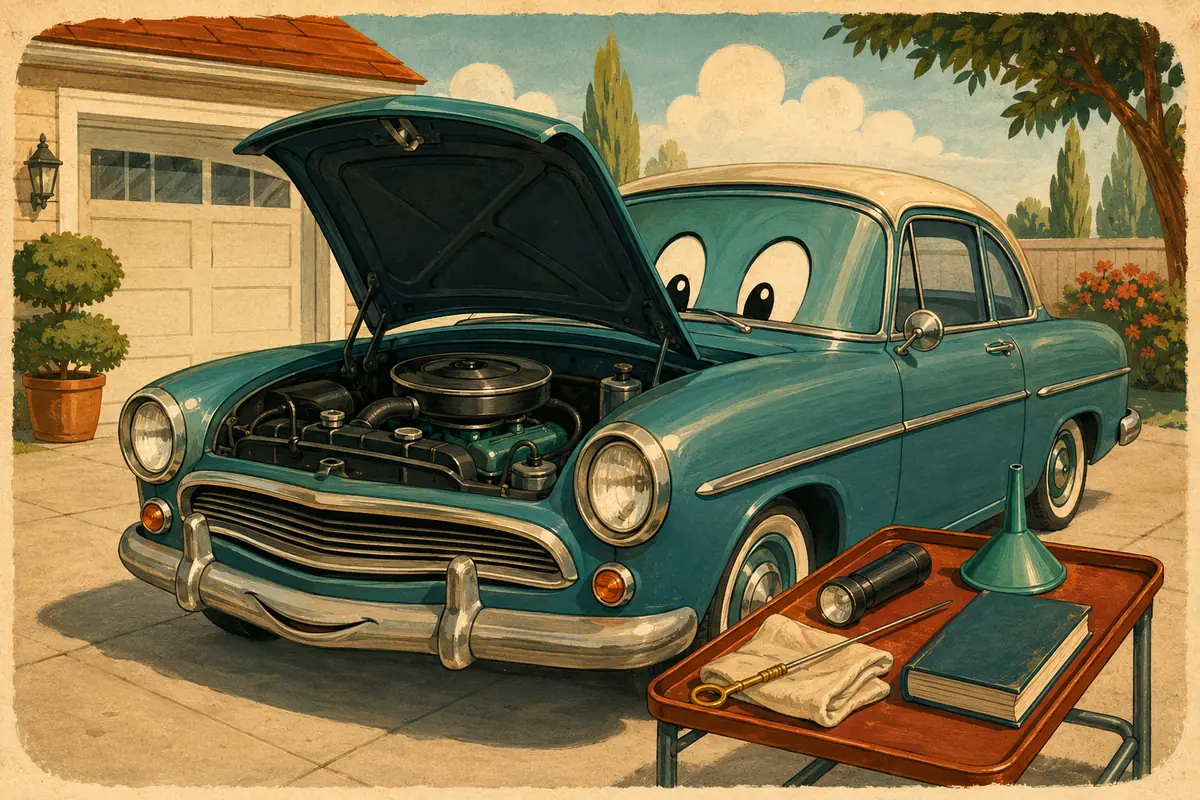 A cartoon car stands on a level driveway with its hood open. The engine is off. A dipstick, a clean cloth, a flashlight, a funnel, and a closed manual are on a tray beside it.