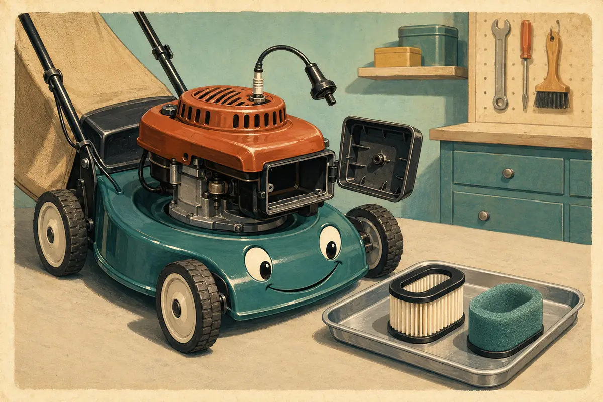 In this cartoon, a lawn mower stands on a workshop floor with its engine off. A space separates the spark plug lead from the spark plug. A paper filter and a foam filter rest on a clean tray beside it.