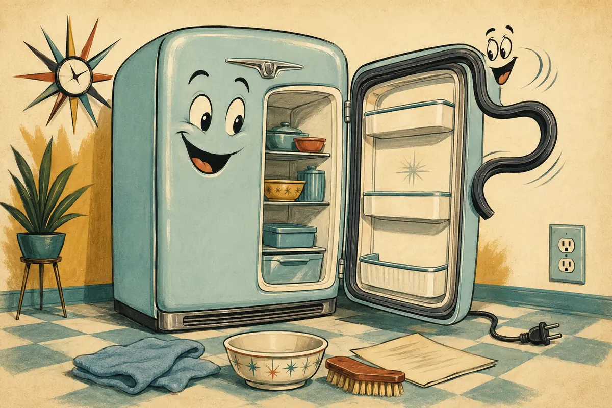 A cartoon refrigerator smiles next to its open door. The flexible door seal curves away from the frame. A soft cloth, a bowl, a soft brush, and a sheet of paper sit in front. The power plug lies on the floor away from the outlet.