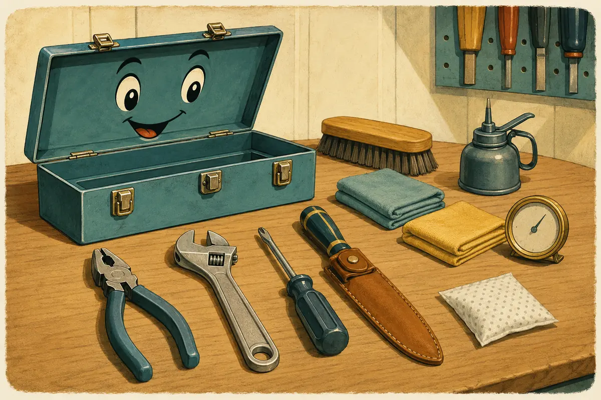 In this cartoon, a toolbox is open on a dry workbench. The workbench has clean pliers, a wrench, a screwdriver, a sheathed blade, cloths, and a brush. A nearby group includes an oil can, a hygrometer, and a packet of desiccant.