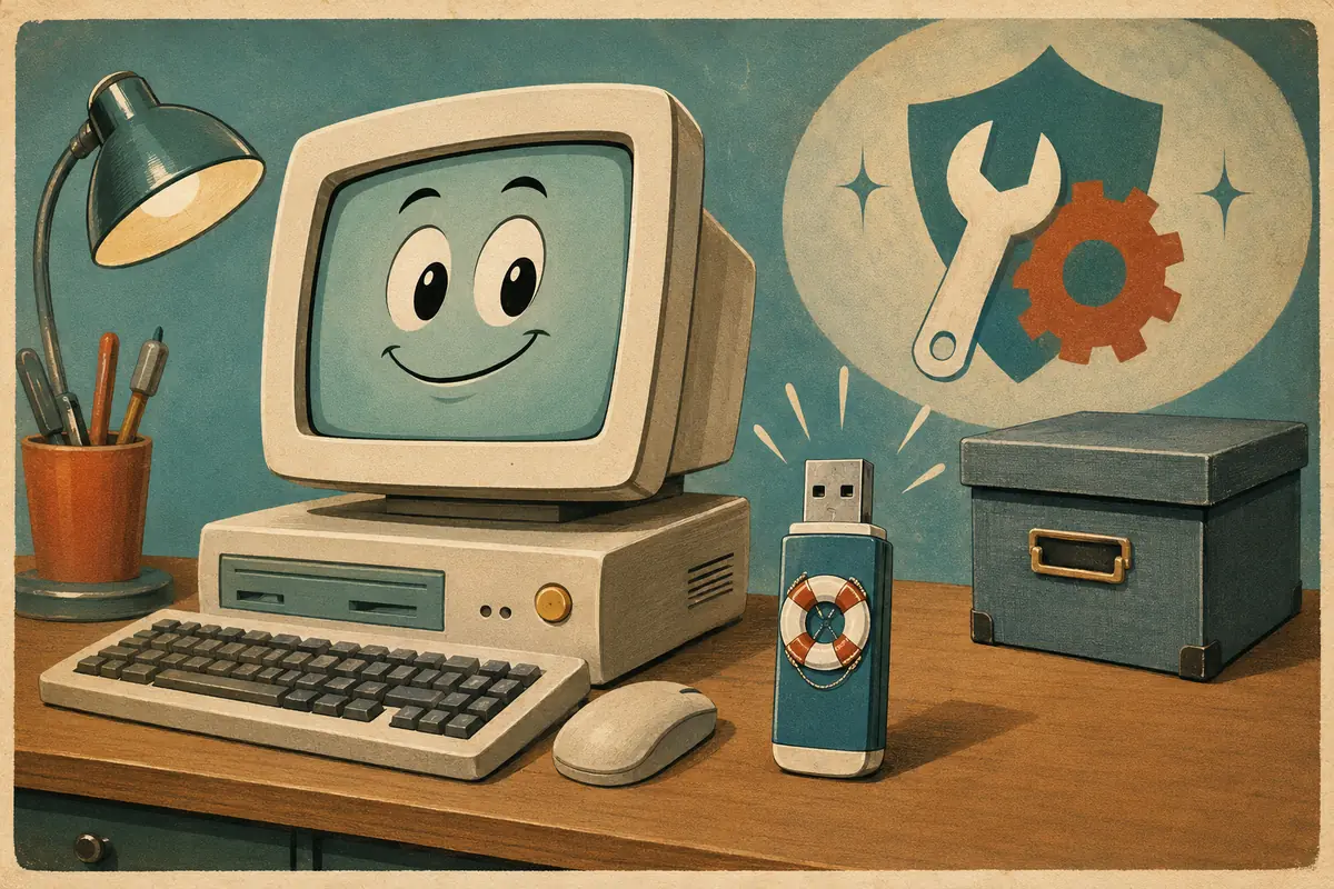 In this cartoon, a computer sits beside a USB drive and a closed storage box. A life ring is on the USB drive. A shield, a wrench, and a gear are behind the computer.
