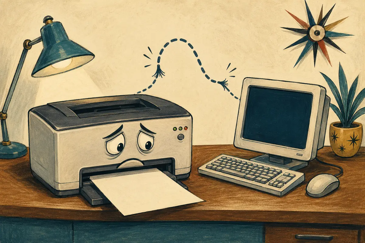 A cartoon printer frowns beside a computer. A blank sheet is partway out of the printer, and a broken wireless signal hangs between the devices.
